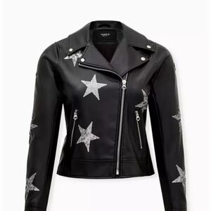 Torrid Black Sequin Stars Faux Leather Moto Jacket